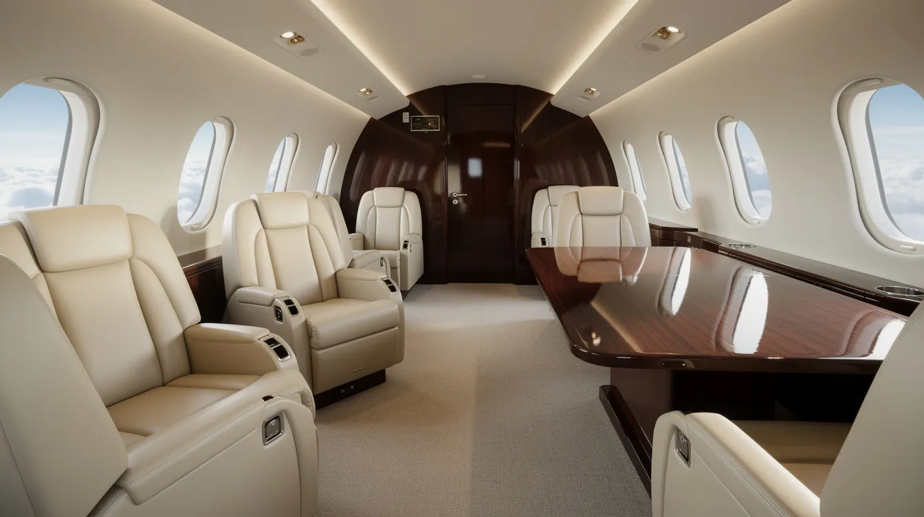 The image depicts a spacious private jet cabin interior featuring luxurious leather club seats arranged around a polished wood conference table, providing an elegant and comfortable setting for meetings or relaxation during flight. The cabin design emphasizes comfort and sophistication, ideal for travelers seeking a first-class experience.