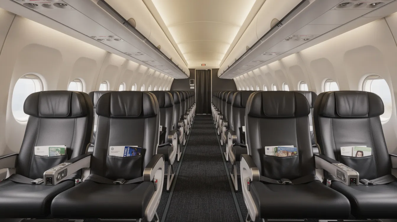 The image depicts the interior of a narrow-body commercial airplane cabin, showcasing rows of economy seats arranged along the aisle, with features such as limited recline and underseat storage. The cabin design reflects a typical layout found in aircraft like the Boeing 737, emphasizing the seating options available in the main cabin.