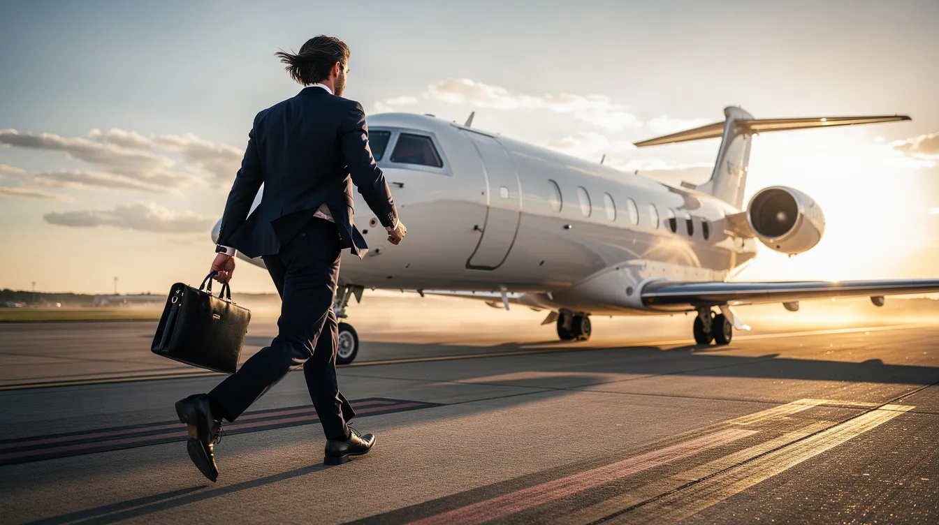 A business professional confidently walks across a private airport tarmac toward a sleek midsize jet, embodying the essence of luxury travel. The aircraft, likely equipped with premium features such as extra legroom and advanced in-flight entertainment options, awaits for a seamless departure.