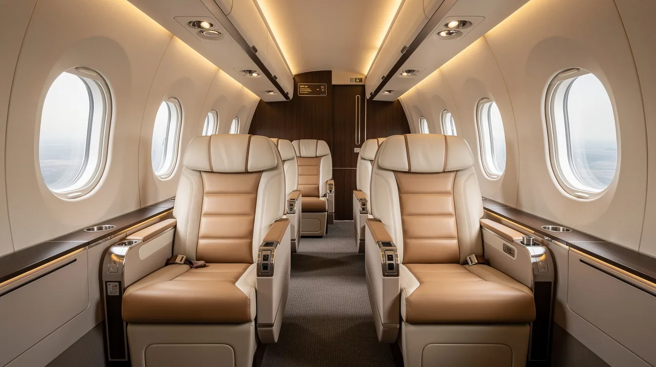 The image depicts the interior of a reconfigured Bombardier CRJ regional jet cabin, featuring spacious business-class style leather seats arranged in rows under warm lighting. The slightly widened fuselage and lowered floor enhance passenger comfort, making this aircraft suitable for commercial service.