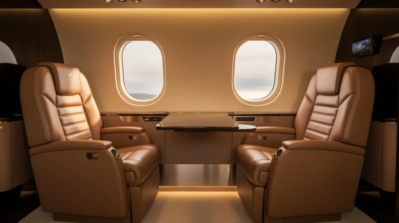 The image features a luxurious private jet cabin adorned with premium leather seats, softly illuminated by warm lighting, creating an inviting atmosphere for passengers. This modern aircraft, part of the Delta Connection fleet, offers a sophisticated travel experience for those flying in comfort.