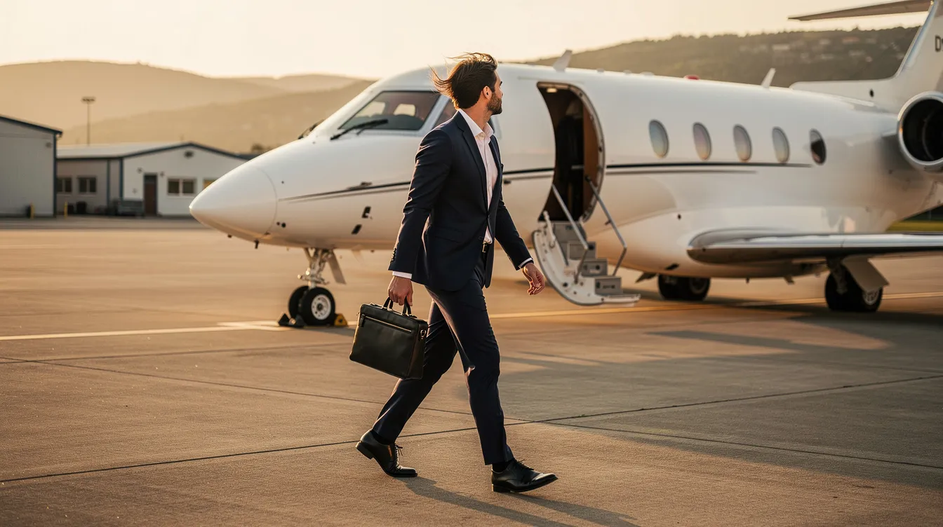 A business professional in a tailored suit walks confidently toward a sleek private jet on a small airport tarmac, showcasing the luxury of the delta connection fleet. The aircraft, part of the SkyWest Airlines service, stands ready for takeoff, emphasizing the convenience and exclusivity of private air travel.