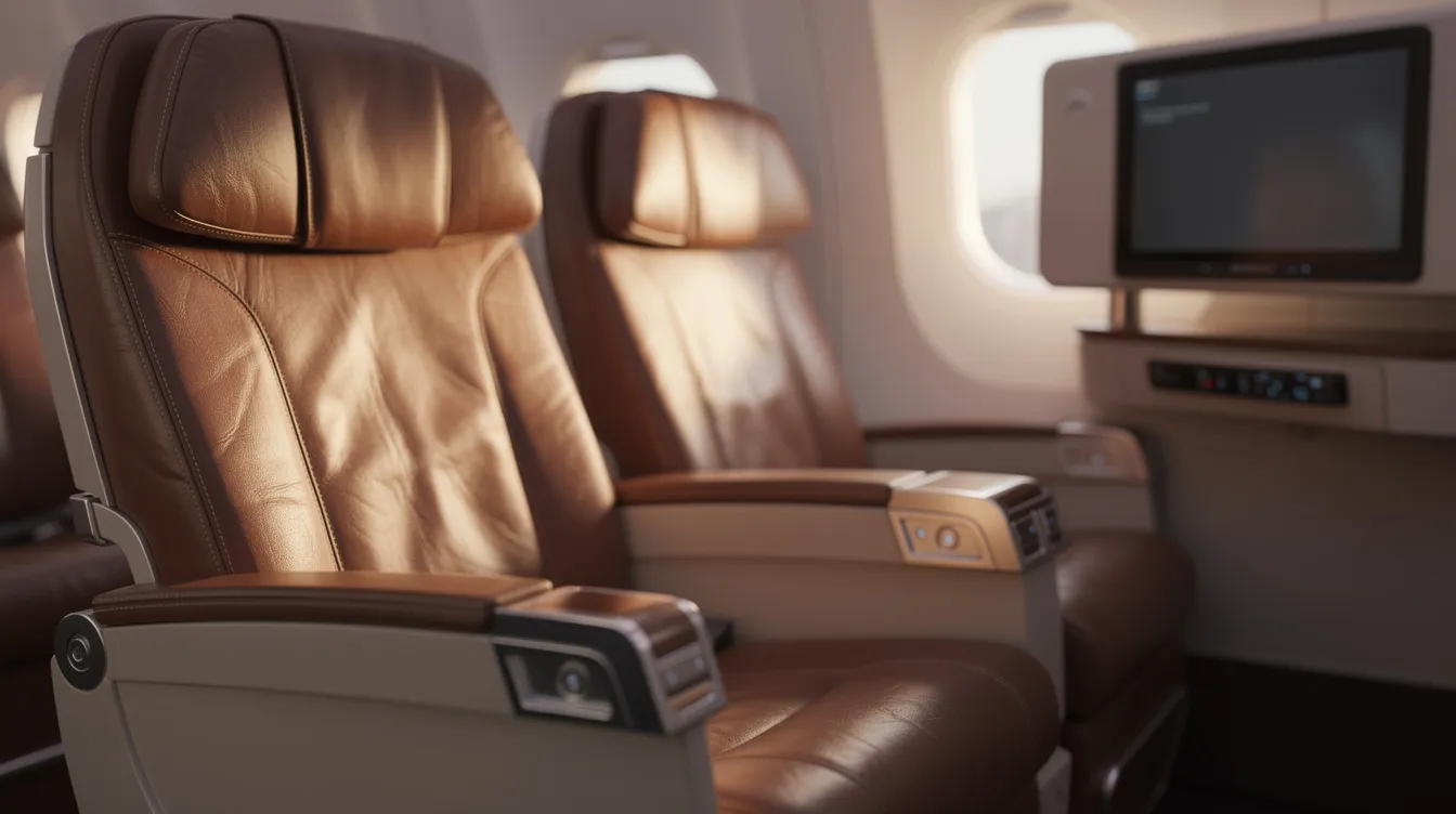 The image features a close-up view of premium leather airplane seats in a first class cabin, showcasing the luxurious design and comfort typically found on American Airlines flights, particularly on a Boeing 737-800. The seats are well-appointed with ample legroom and adjustable features, providing an inviting atmosphere for passengers.