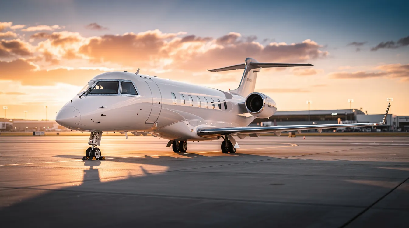 A sleek private business jet is parked on a tarmac at sunset, casting a warm glow on its polished surface. The aircraft's elegant design and absence of visible text highlight its exclusivity and luxury.