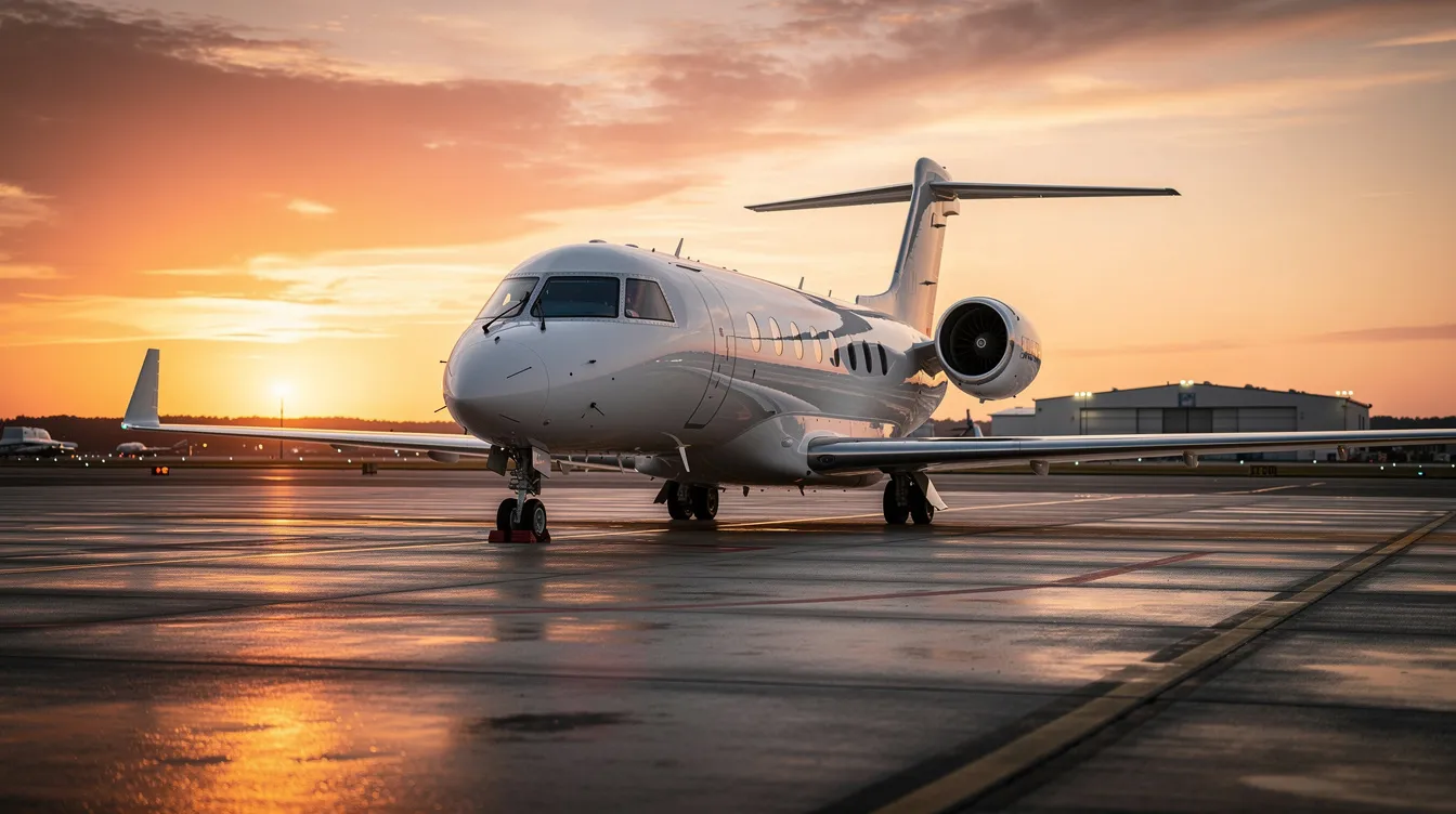 A sleek private jet, resembling the design of a Boeing 737 Max 8, is parked on a quiet tarmac at dusk, bathed in warm sunset light, highlighting its aerodynamic features and modern aesthetics. The serene atmosphere contrasts with the bustling activity typically associated with major airlines and their global fleets.