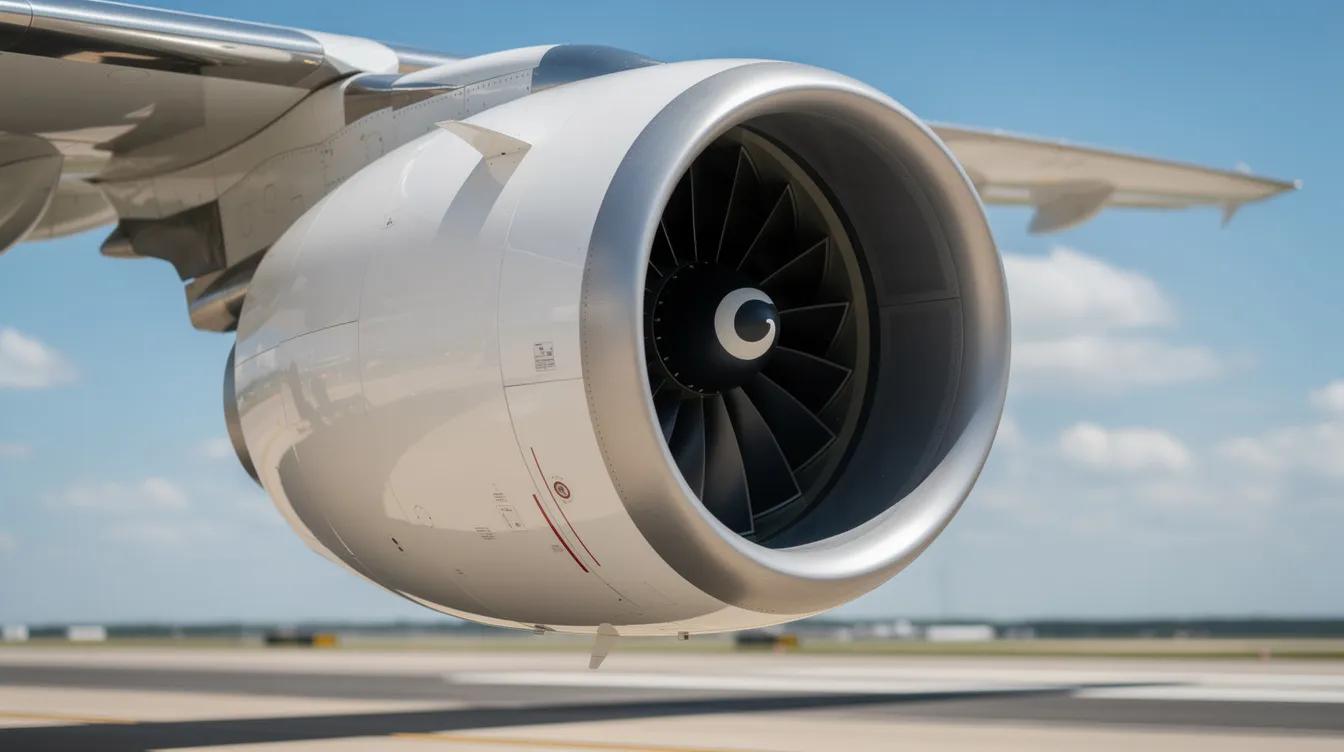 A close-up view of a large turbofan jet engine, specifically the LEAP-1B engine, mounted under the wing of a Boeing 737 Max 8 aircraft on a sunny day, showcasing its advanced technology and aerodynamic improvements. The image highlights the engine's sleek design and features that contribute to fuel efficiency and reduced engine noise.