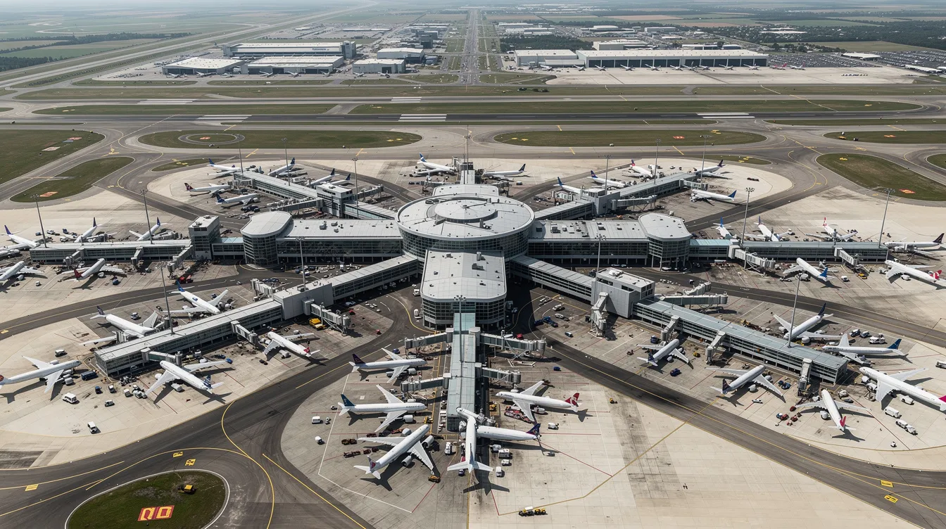 An aerial view of a large airport showcases multiple commercial aircraft, including a Boeing 737 Max 8, parked at terminal gates. The scene reflects the bustling activity of major carriers such as Ethiopian Airlines and Southwest Airlines, emphasizing the global fleet of modern aircraft.