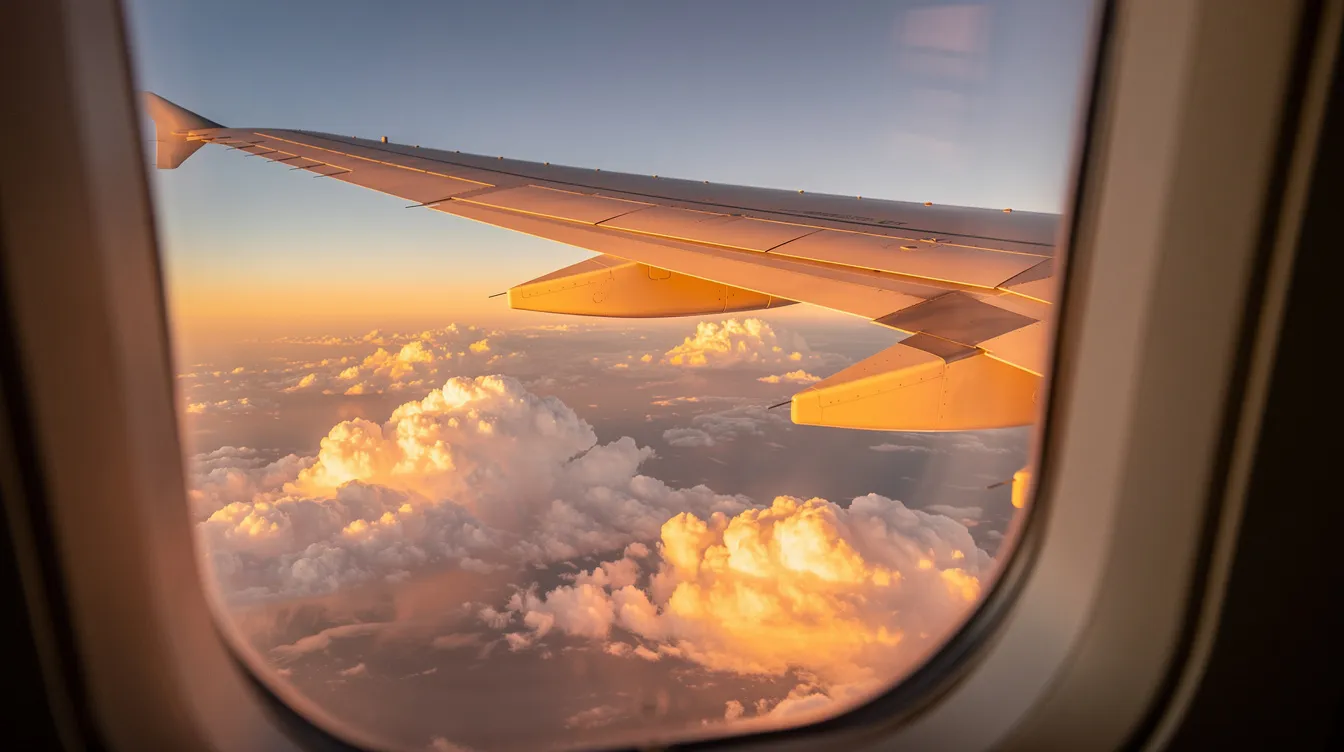 The image captures a view from a window seat on a Boeing 737 Max 9 during golden hour, showcasing the airplane wing and fluffy clouds below, bathed in warm, golden light. This serene moment highlights the beauty of air travel, typical of a United Airlines flight, as passengers enjoy the in-flight experience.