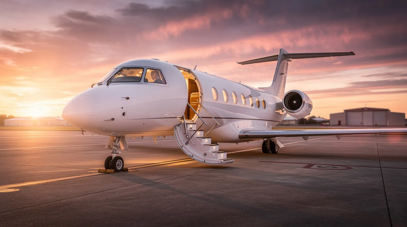 A private jet is parked on the tarmac at sunset, with its stairs extended and cabin lights glowing warmly, creating a cozy atmosphere as passengers prepare for their journey. The scene captures the elegance of private air travel, reminiscent of the luxurious experience offered by airlines like United.