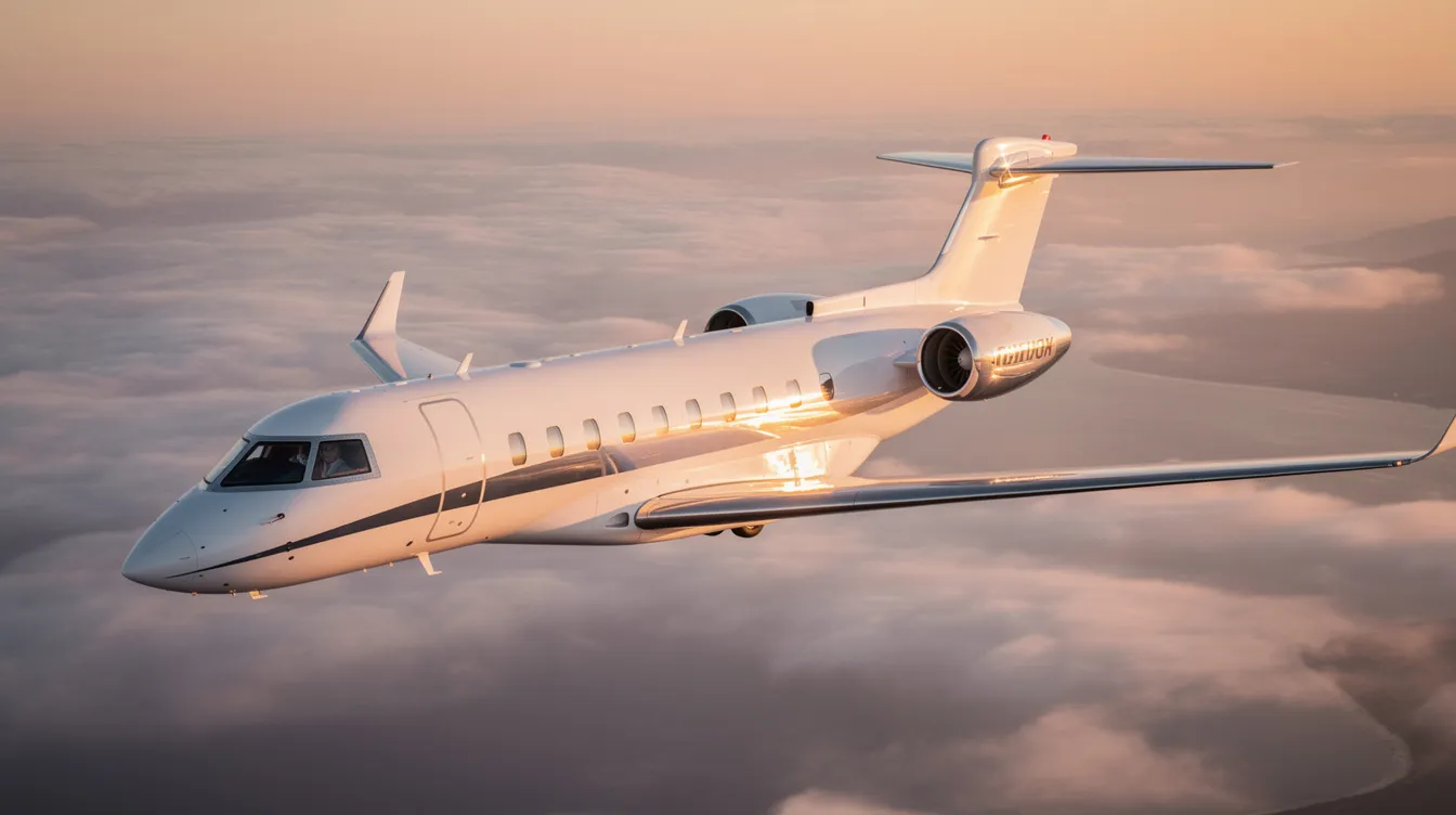 The image depicts a sleek private jet with a modern design, showcasing a spacious cabin featuring extra legroom seats and a stylish interior. The aircraft is equipped with power outlets and ample overhead bins, making it ideal for comfortable travel.