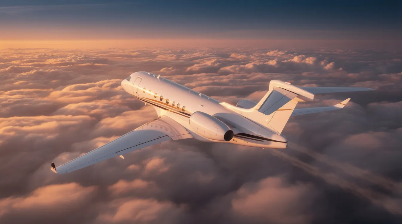 The image depicts a sleek private jet with a modern design, showcasing a spacious cabin featuring extra legroom seats and a stylish interior. The aircraft is equipped with power outlets and ample overhead bins, making it ideal for comfortable travel.