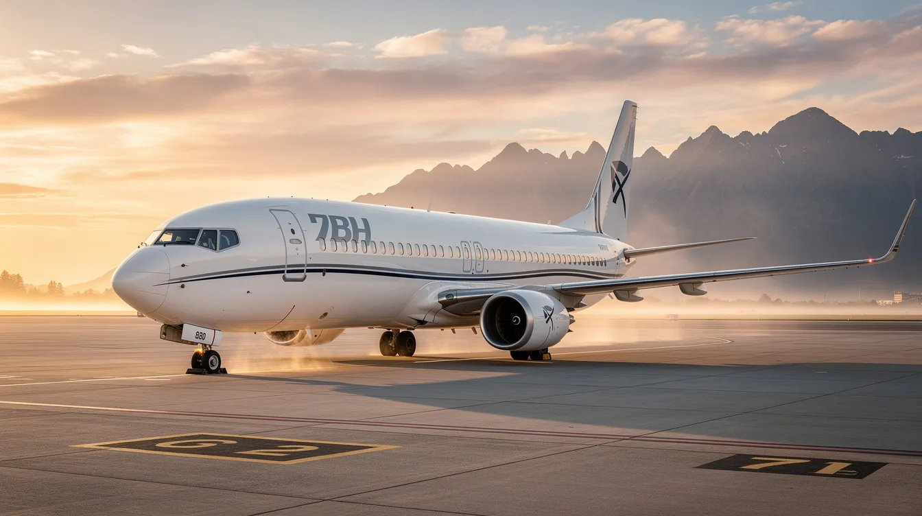 A wide-body Boeing 737 BBJ private jet is parked on a tarmac at sunrise, with majestic mountains in the background, showcasing the aircraft's sleek design and spacious configuration. This Boeing business jet represents the pinnacle of aviation luxury, perfect for buyers looking to purchase a high-performance model.