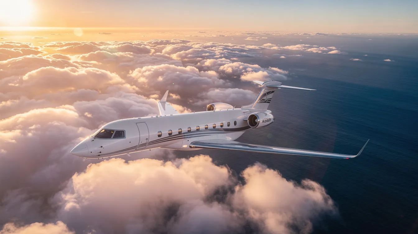 A sleek private jet, possibly a Boeing business jet, soars above fluffy clouds with the ocean glistening below, illuminated by the warm golden light of a sunset. This image captures the pinnacle of aviation luxury and performance, ideal for potential buyers looking to purchase a high-end aircraft.