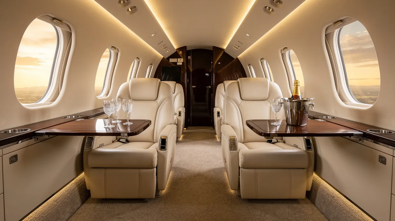 The image showcases a luxurious private jet interior featuring cream leather seats, polished wood tables, and soft ambient lighting, representing the pinnacle of aviation design and comfort. This elegant space is perfect for discerning buyers looking for a Boeing business jet that combines performance and style.