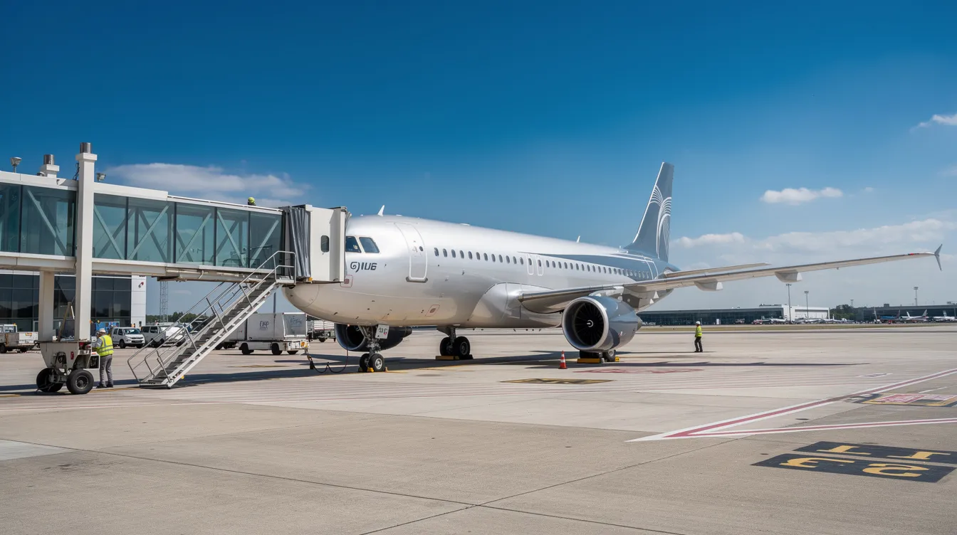 A Boeing 737, specifically the stretched version, is parked at an airport gate with a jetway connected, allowing passengers to board the aircraft easily. The clear blue sky provides a bright backdrop, highlighting the plane's wingspan and sleek design.