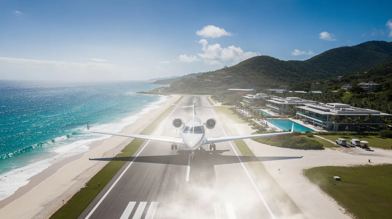 A small private jet is landing on a runway adjacent to a coastal resort area, featuring turquoise waters and lush green hills in the background. The aircraft's sleek design stands out against the vibrant scenery, highlighting the luxury of private flight.