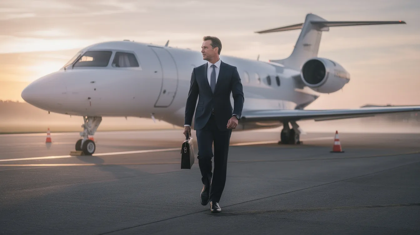 A business executive is walking toward a sleek Gulfstream G550 private jet on a tarmac at dawn, with the soft light illuminating the aircraft's elegant design. The scene captures the essence of luxury travel, highlighting the importance of understanding total direct operating costs and annual budget considerations for such long-range business jets.