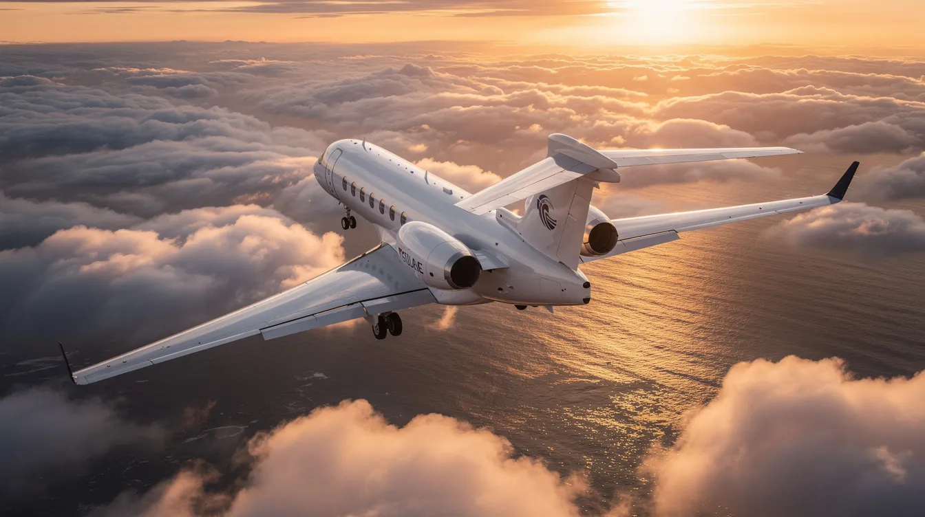 A large white private jet, resembling a Gulfstream model, is soaring above fluffy clouds, casting a silhouette against the vibrant hues of a sunset over the ocean. This long-range business jet symbolizes luxury and efficiency, often associated with total operating costs that include maintenance and fuel expenses for flying 400 hours a year.