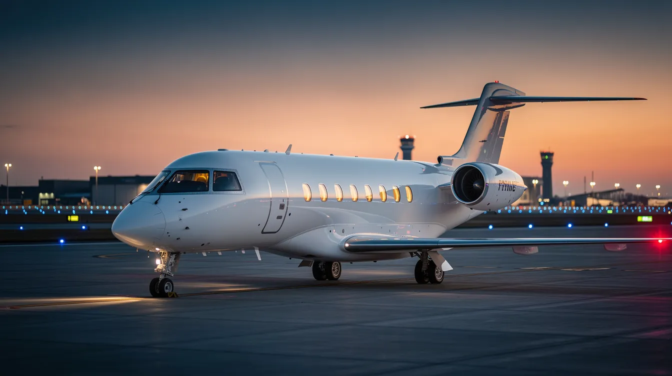 A private jet is parked on the airport tarmac at dusk, with the glowing runway lights illuminating the scene in the background. This image captures the essence of private flight travel, highlighting the luxury and convenience of private jet charters at Pierre Elliott Trudeau International Airport in Montreal.