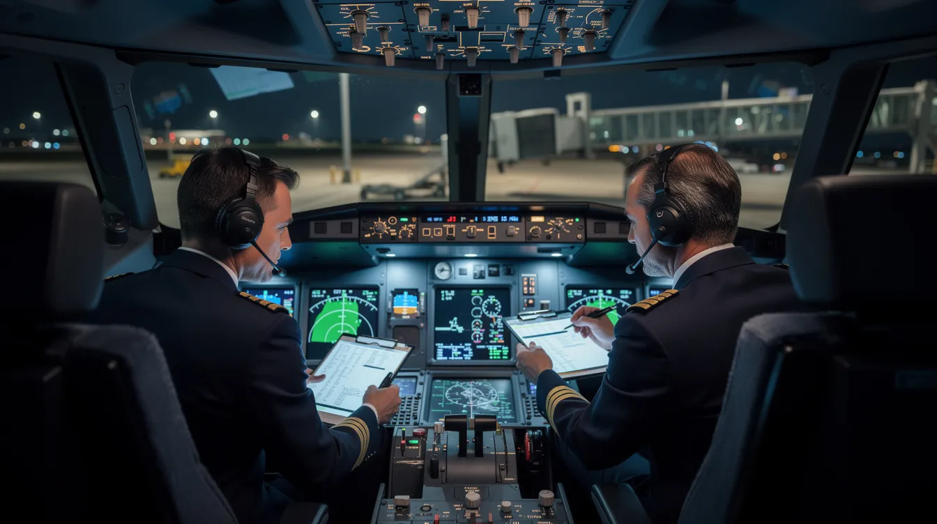 The image features two pilots in a modern cockpit, surrounded by illuminated instrument panels as they prepare for departure on a private jet. The scene captures the high-tech environment of private flight operations, emphasizing the focus and professionalism required for private jet charters.