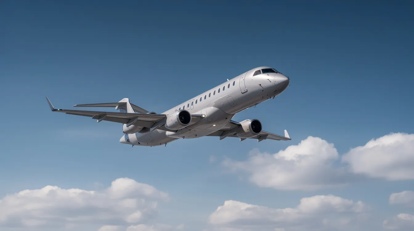 A sleek Embraer 175 regional jet soars through a clear blue sky dotted with scattered clouds, showcasing its aerodynamic design and fuel-efficient capabilities. This commercial aircraft is known for its dual class configuration, offering first class seats and premium economy options for a comfortable flying experience.
