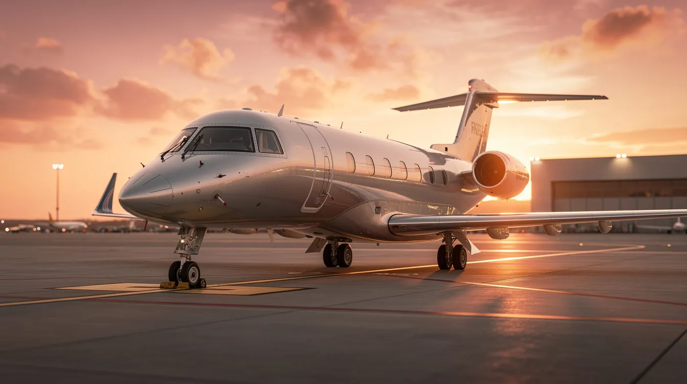 A sleek Embraer 175 regional jet is parked on a tarmac at sunset, with warm golden light reflecting off its fuselage. The aircraft features a dual class configuration, offering first class seats and main cabin seats, making it suitable for regional routes and commercial flights.