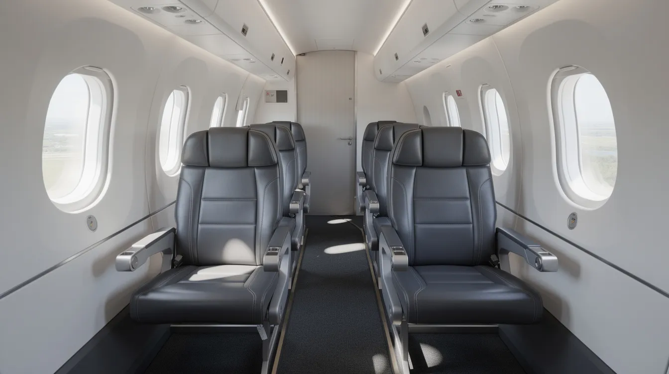 The image depicts the interior of a modern regional aircraft cabin, specifically the first class cabin of an Embraer 175 regional jet, featuring rows of leather seats arranged in a two-by-two configuration, with large windows allowing natural light to fill the space. The cabin is designed for comfort, with adjustable headrests and power outlets available for passengers.