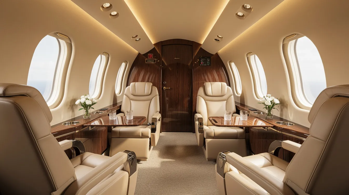 The image depicts the luxurious interior of a private jet cabin, featuring plush cream leather seats, elegant wood paneling, and soft ambient lighting that enhances passenger comfort. This opulent setting exemplifies the high standards of the private jet market, catering to those seeking exclusive travel experiences.