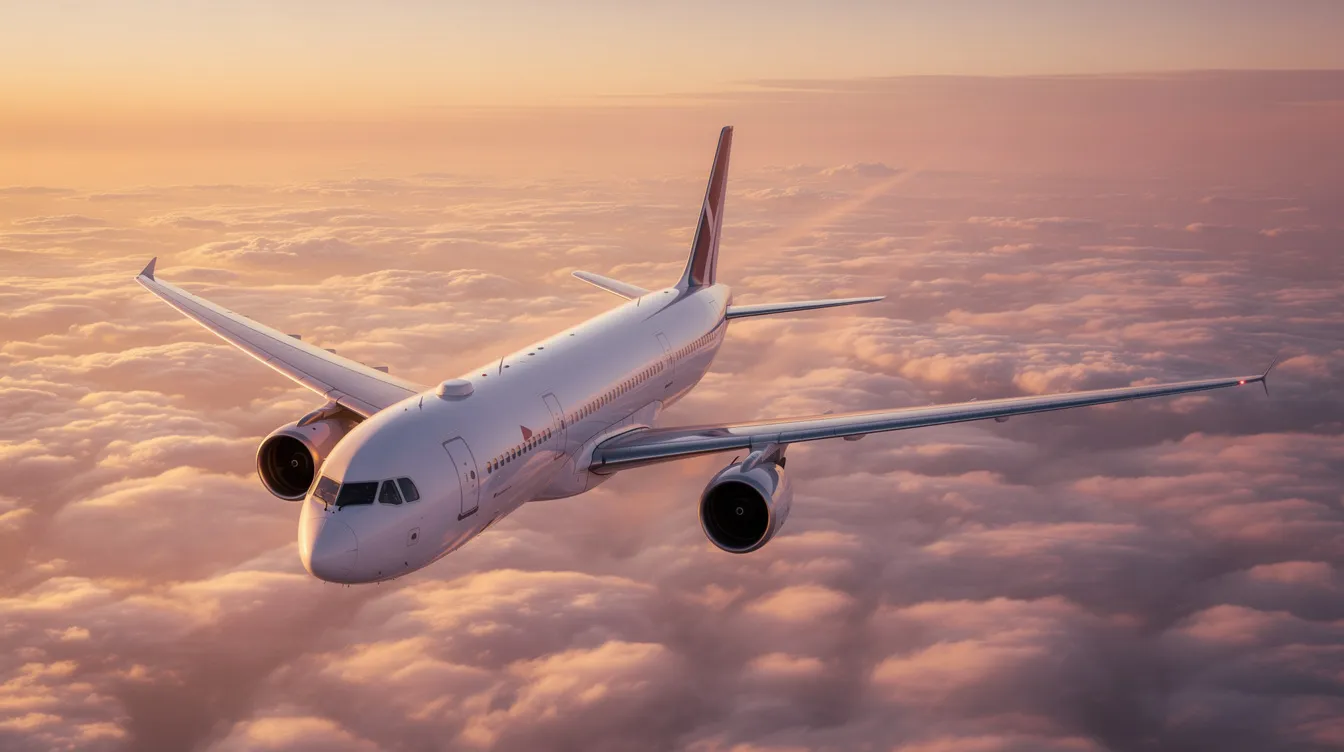 A large wide-body aircraft, reminiscent of a luxury private jet, soars gracefully above the clouds during the golden hour, casting a warm glow on its sleek exterior. This majestic scene captures the essence of aircraft ownership and the allure of the private jet market, highlighting the beauty of flight in the open sky.