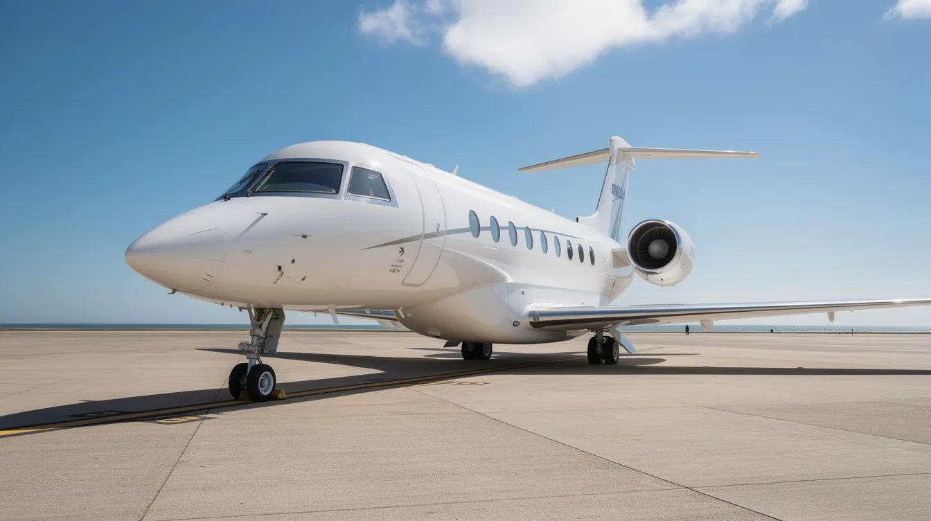 A sleek white private jet, symbolizing luxury and exclusivity, is parked on a sunlit tarmac under a clear blue sky, showcasing the allure of private jets in the aviation market. The aircraft stands ready for its next flight, embodying the high standards of aircraft ownership and passenger comfort.