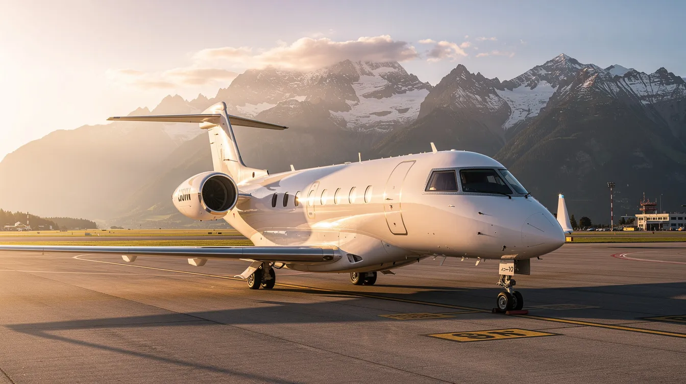 A sleek private jet is parked on a snow-covered tarmac, with majestic European mountains in the background, illuminated by the warm glow of the golden hour. This scene captures the luxury of private jet travel, highlighting the allure of chartering a private jet for an unforgettable journey.
