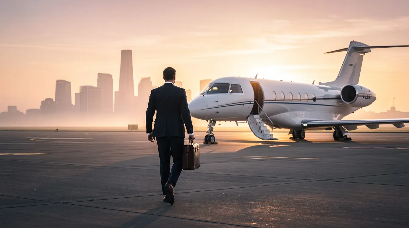 A well-dressed traveler strides confidently toward a private jet on an airfield at dawn, with a stunning city skyline silhouetted in the background. The scene captures the essence of private jet travel, highlighting the luxury and convenience of charter flights for international journeys.