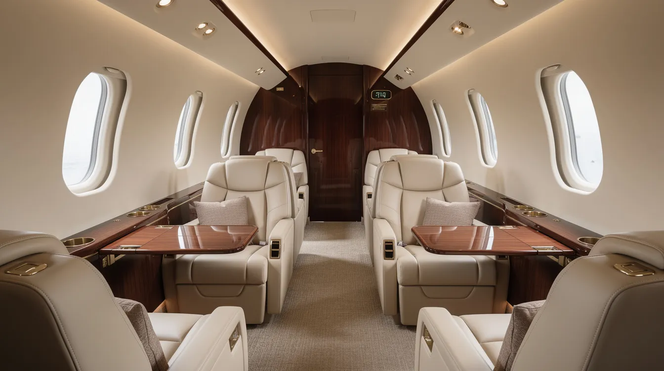 The image depicts the luxurious interior of an ultra long range private jet cabin, featuring cream leather seats and elegant wood paneling, all illuminated by soft ambient lighting, creating a serene atmosphere for private jet travel. This opulent setting highlights the comfort and sophistication associated with private jet charter services.