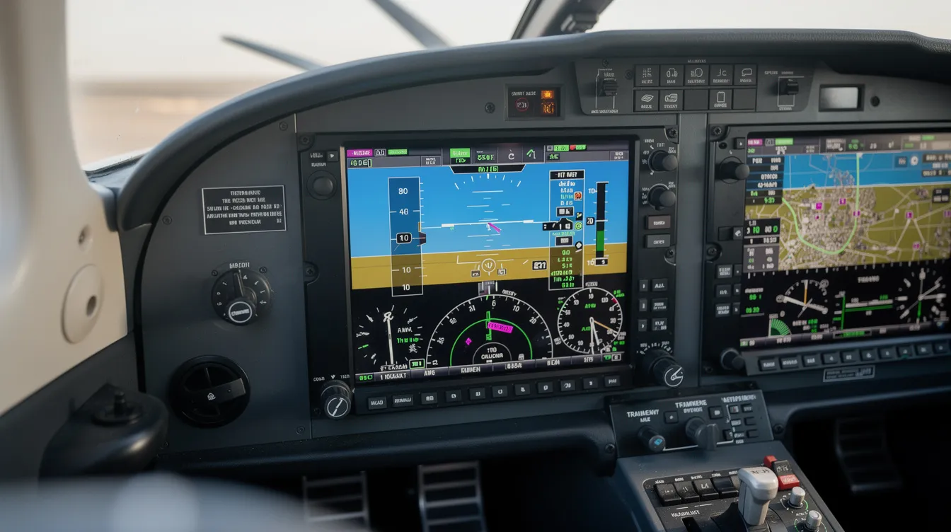 The image shows a close-up view of a glass cockpit instrument panel inside a small aircraft, featuring modern avionics and digital flight displays that enhance the pilot's ability to navigate and monitor flight performance. This setup reflects the latest technology used in successful aircraft like the Cessna 172, known for its reliable engine and dependable performance.