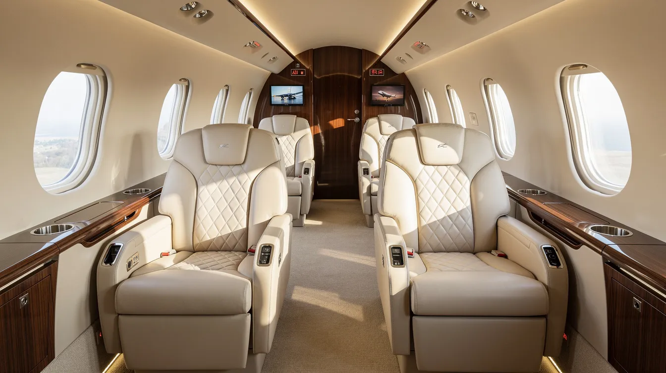 The image showcases a luxurious private jet interior featuring cream leather seats, bathed in natural light from oval windows, creating an inviting and elegant atmosphere. This modern aircraft design reflects the latest technology and comfort, making it ideal for successful flights.