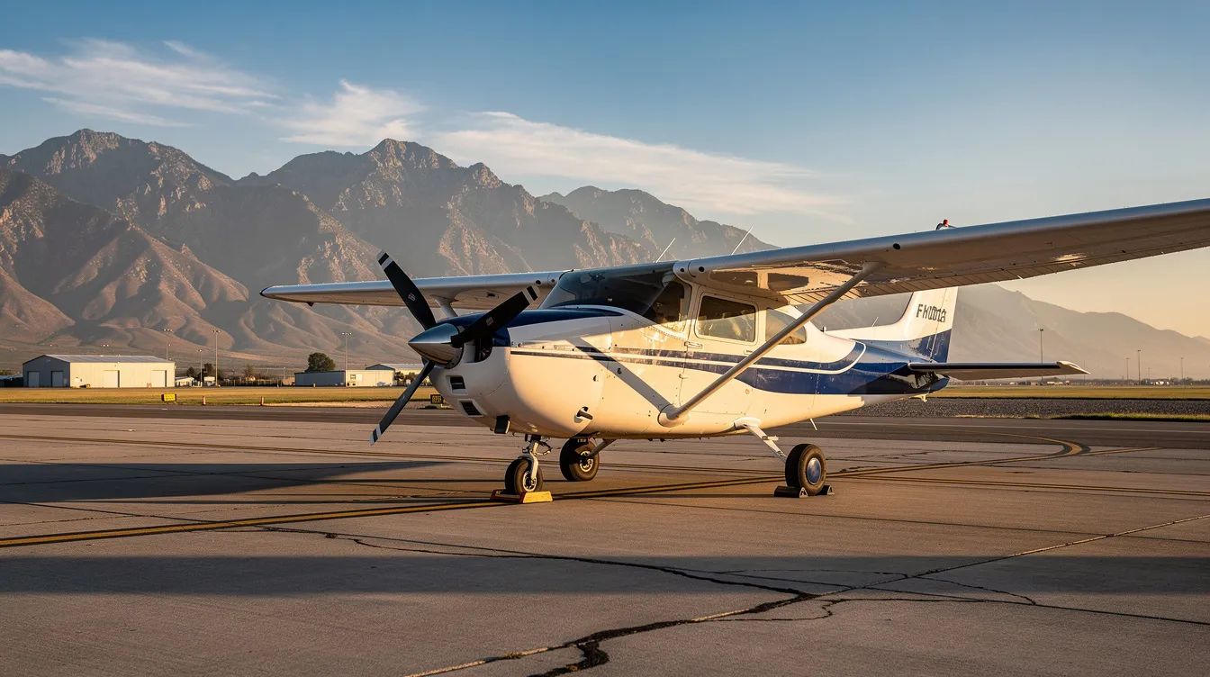 A Cessna 172 Skyhawk, known for its reliable engine and dependable performance, is parked on a sunlit general aviation ramp with majestic mountains in the background. This successful aircraft features modern avionics and a fresh interior, showcasing its status as one of the most popular single-engine airplanes in the world.