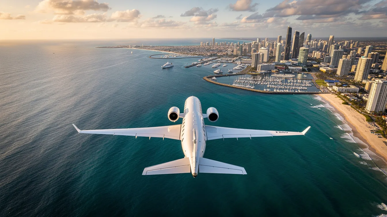 An aerial view showcases a private jet soaring above a vibrant coastal city, with sparkling blue waters below. This scene highlights the allure of private aviation, emphasizing the luxury and efficiency of flying private.