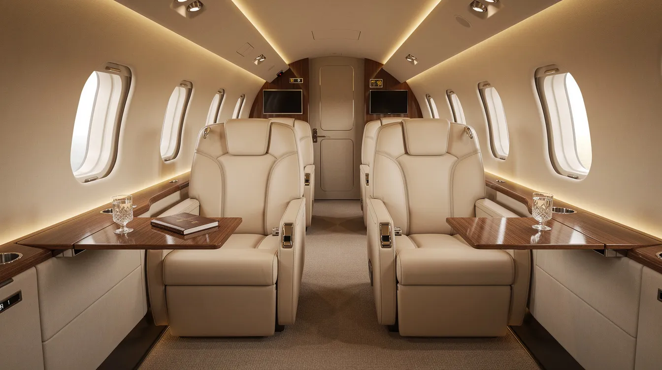 The image depicts the interior of a light private jet cabin featuring cream leather seats and warm, inviting lighting, creating a luxurious atmosphere for private aviation. This elegant space is designed for comfort, ideal for charter flights and private jet travel.