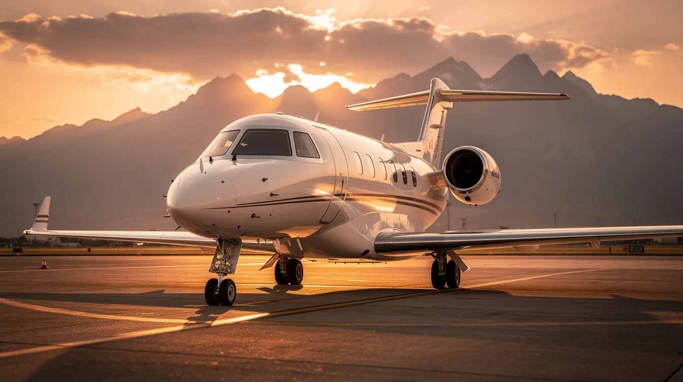 A sleek private jet is parked on a tarmac during golden hour, with the warm glow of the sunset illuminating the mountains in the background. This very light jet represents the luxury of private aviation, ideal for those considering chartering a private jet for their travel needs.