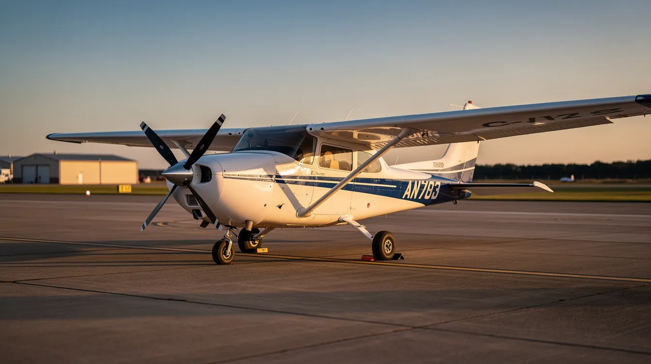 A Cessna 172 Skyhawk is parked on a small airport tarmac, bathed in the warm light of golden hour, with a clear blue sky in the background. This single-engine aircraft, known for its reliable engine and dependable performance, is a popular choice for flight schools and recreational flying.