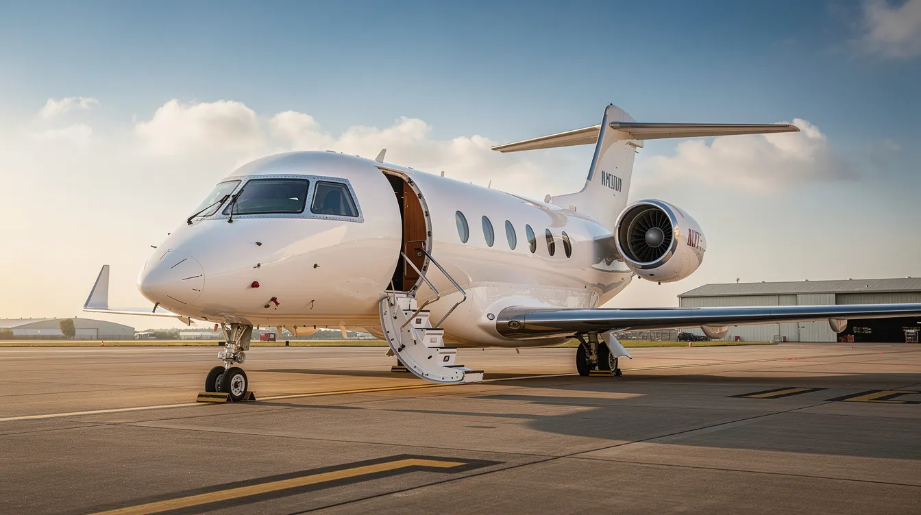 A sleek modern private jet, featuring a polished exterior and a new paint job, is parked on a runway with boarding stairs extended for easy access. This aircraft represents the latest technology in aviation, offering dependable performance and comfort for passengers.