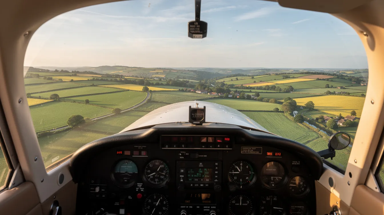 An aerial view from inside a Cessna aircraft cockpit showcases the vibrant green countryside below, featuring a patchwork of fields that highlight the beauty of recreational flying. The scene captures the essence of flying in a single-engine plane, emphasizing the dependable performance and modern avionics that enhance the experience.