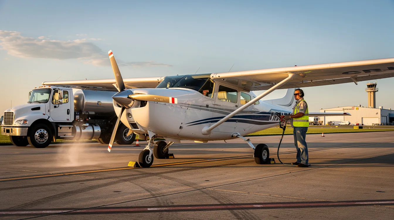 A small single-engine Cessna 172 airplane is being refueled on an airport ramp, with a fuel truck parked nearby, showcasing the operational aspects of maintaining a reliable engine for recreational flying. The scene highlights the essential ground support equipment necessary for flight schools and private pilots alike.
