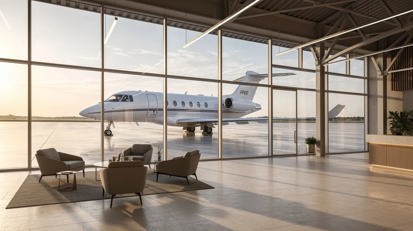 The image depicts a sleek, modern glass-walled FBO terminal, showcasing a small white private jet parked on the ramp outside, visible through expansive floor-to-ceiling windows. This setting highlights the elegance of private aviation and the convenience of private jet travel.