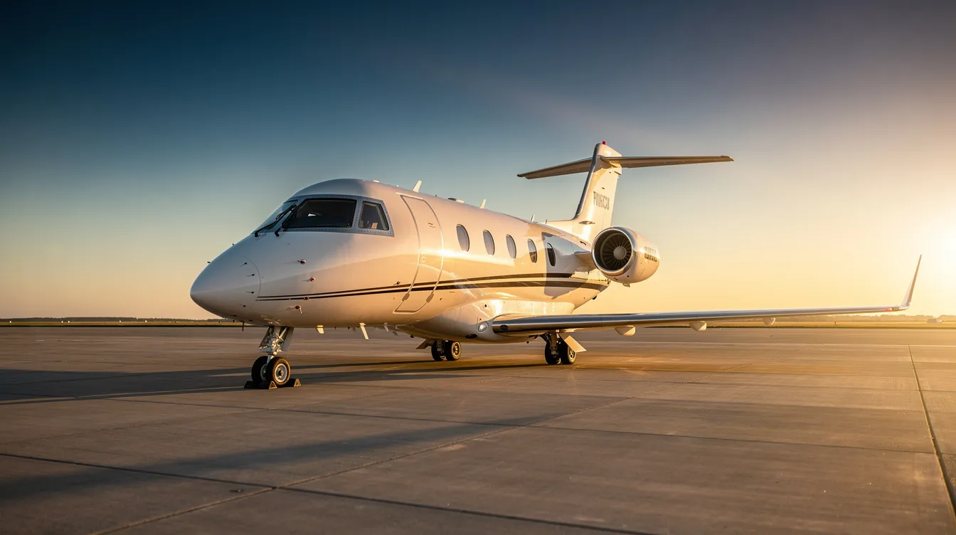 A sleek light private jet is parked on a tarmac, bathed in the warm glow of golden hour, with a clear blue sky in the background. This image captures the essence of private jet travel, showcasing the luxury and convenience of chartering a private aircraft.