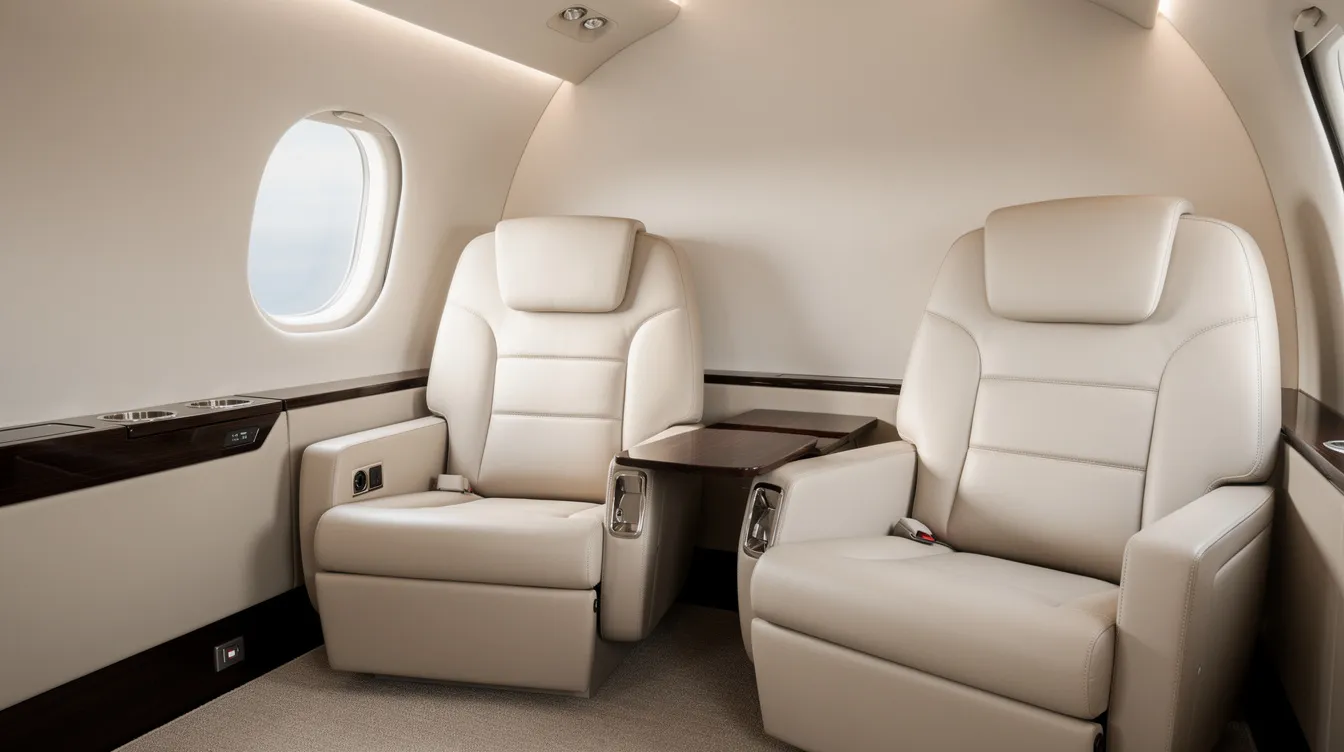 The image depicts the interior of a modern light jet cabin, featuring cream leather seats and polished wood trim, offering a luxurious environment for private jet travelers. This elegant space is designed for comfort during private jet travel, making it ideal for both short regional flights and long haul flights.