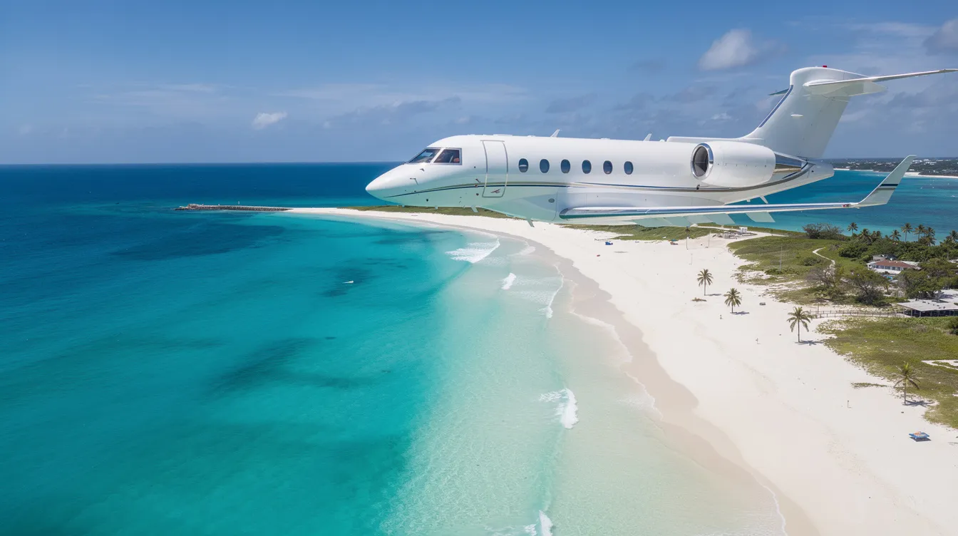 An aerial view captures a sleek private jet soaring over a stunning turquoise coastline, where pristine white sand beaches stretch along the shore. This picturesque scene highlights the luxury of private jet travel, offering a glimpse into the serene experience of flying privately over beautiful landscapes.