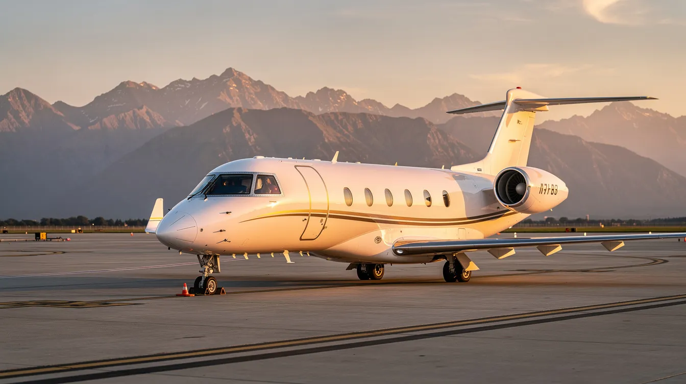 A sleek white private jet is parked on the airport tarmac during golden hour, with majestic mountains in the background. This scene captures the essence of private aviation, highlighting the luxury and convenience of chartering a private jet for travel.