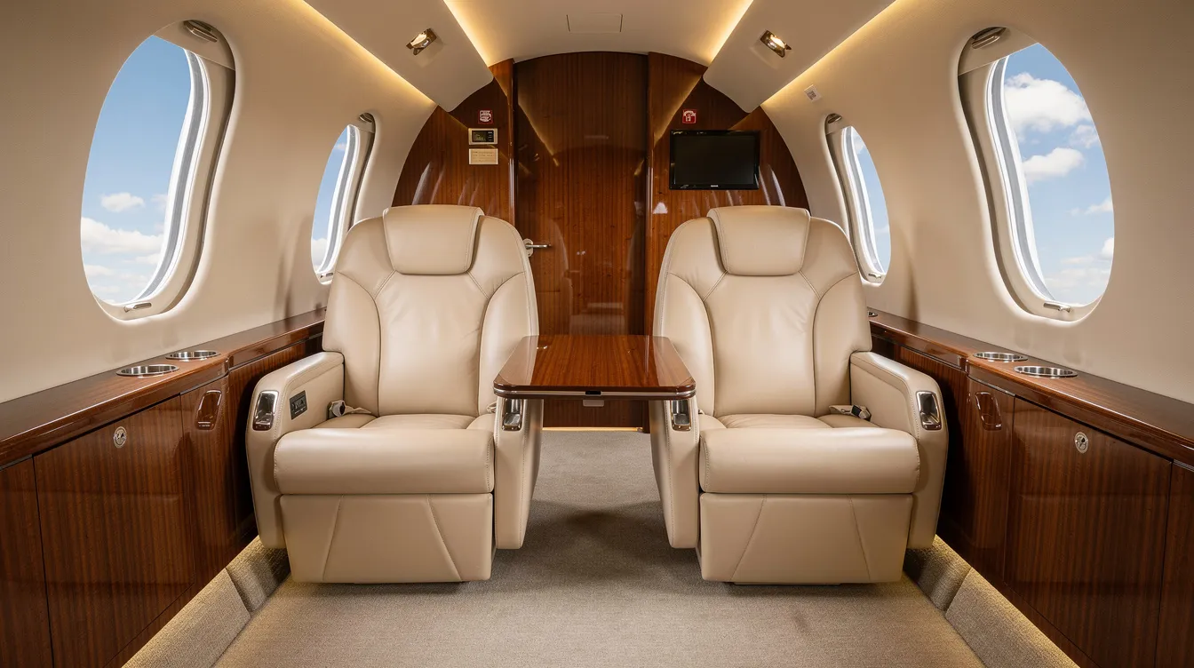 The image depicts the luxurious interior of a private jet cabin, featuring cream leather seats and polished wood accents, with large oval windows revealing a clear blue sky outside. This elegant setting exemplifies the comfort and style associated with private jet travel, appealing to those considering chartering a private jet for their journeys.