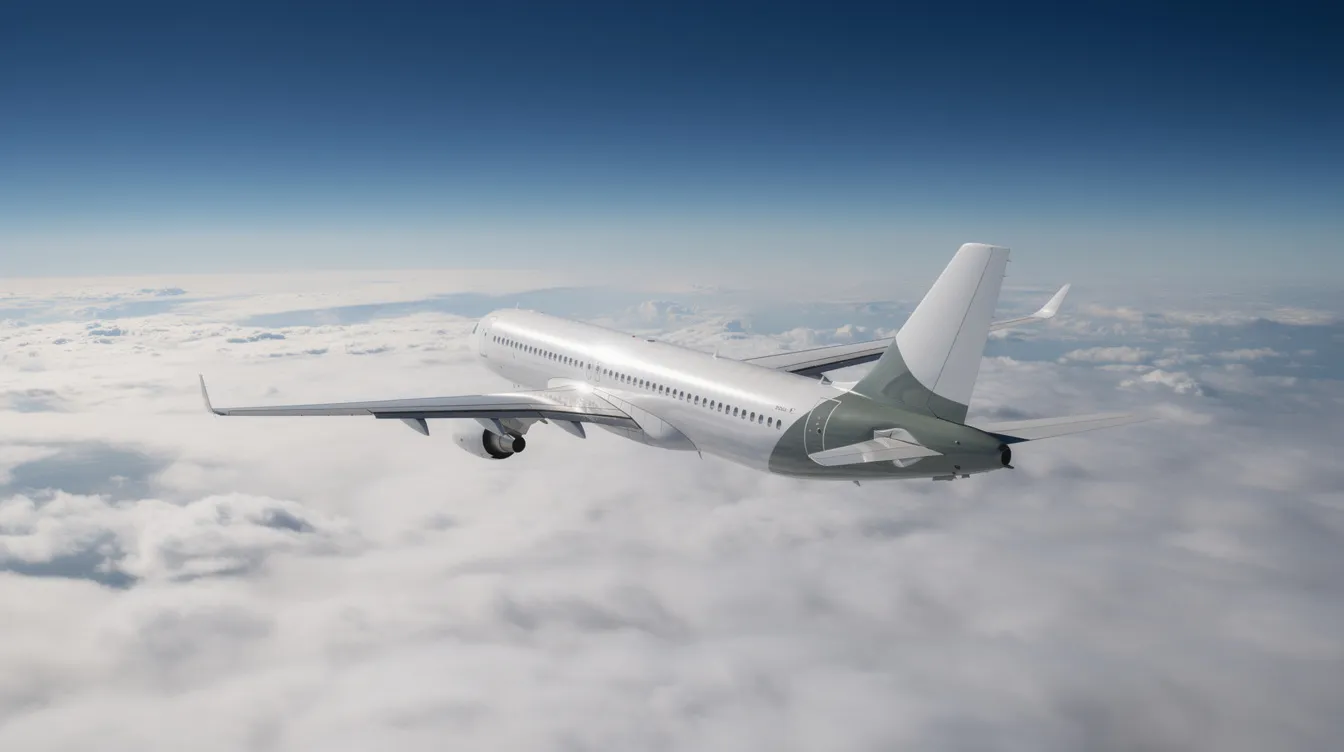 A modern Embraer 175 airplane is soaring above a blanket of fluffy white clouds, set against a clear blue sky, showcasing its sleek design and capabilities for domestic flights. The aircraft features a spacious main cabin, equipped with comfortable seats and power outlets, making it an ideal choice for passengers traveling to various destinations.